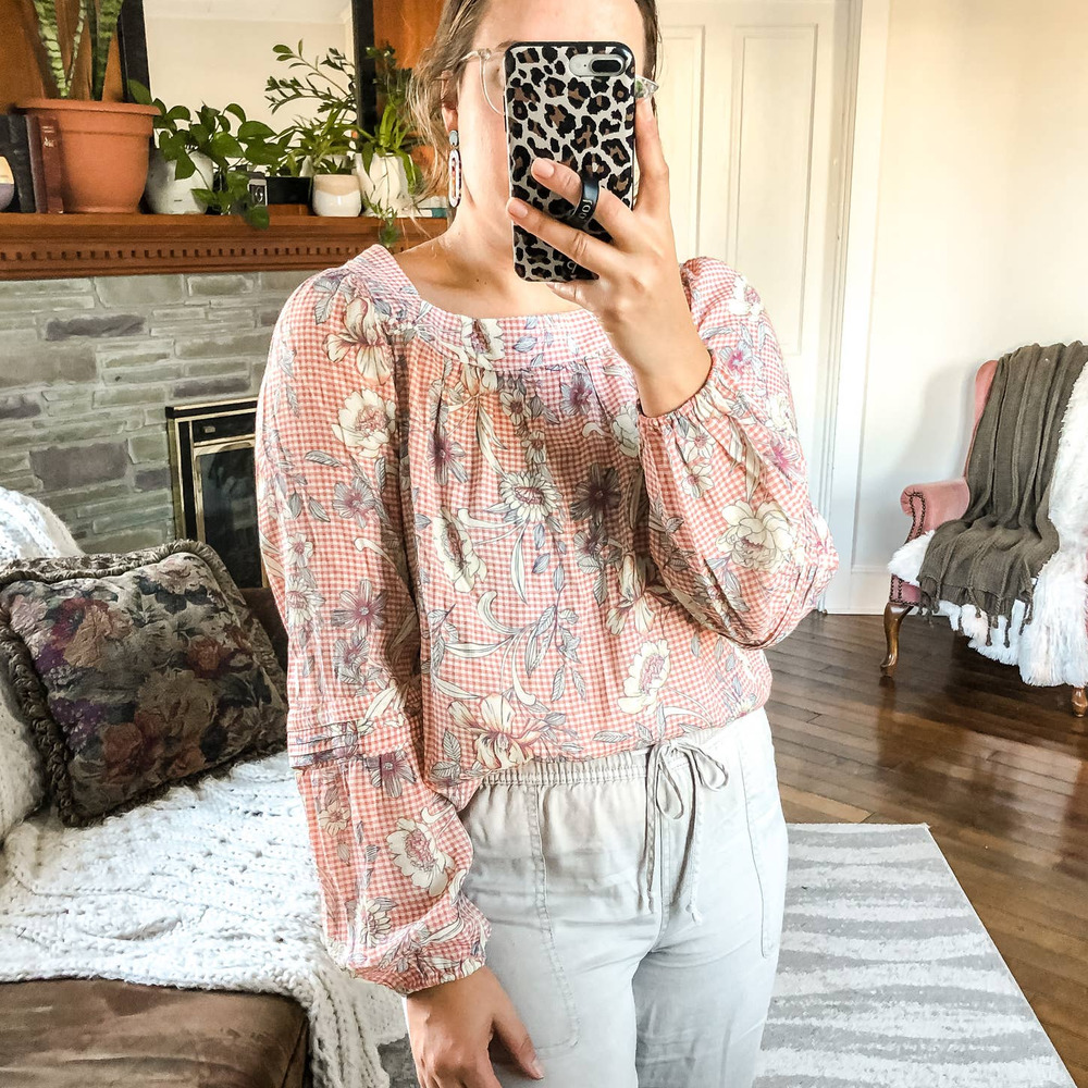 LAUREN CONRAD | Women's Medium Gingham Floral Long Sleeved Blouse Square Neck